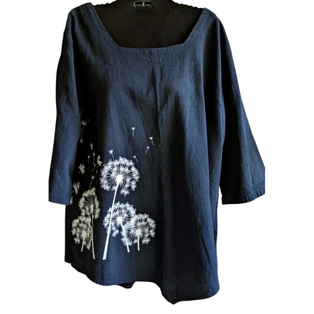 Cottage Womens Top L Dandelion Dragonfly Relaxed Boho Nature Earthy Minimalist